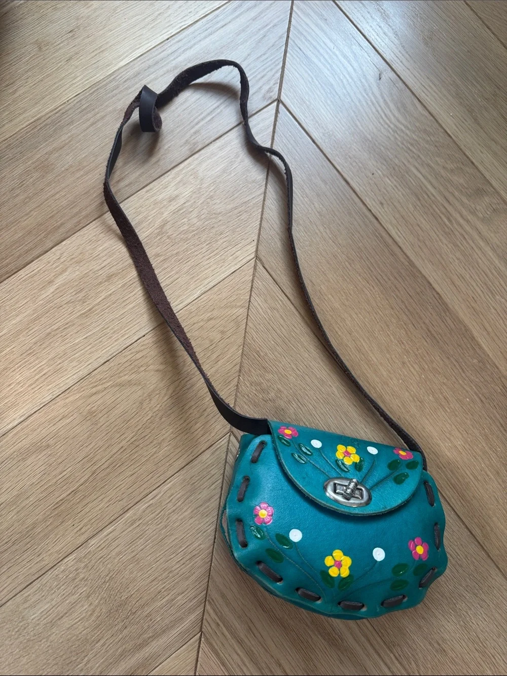 Authentic Mexican Leather Teal Floral Crossbody Bag - kids